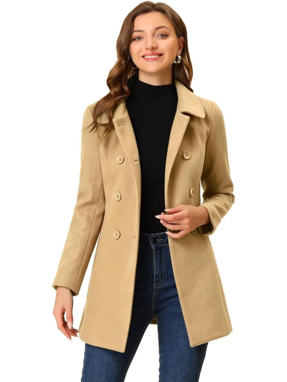 Women's Khaki Fully lined Peter Pan Collar Double Breasted Long Trench Pea Coat